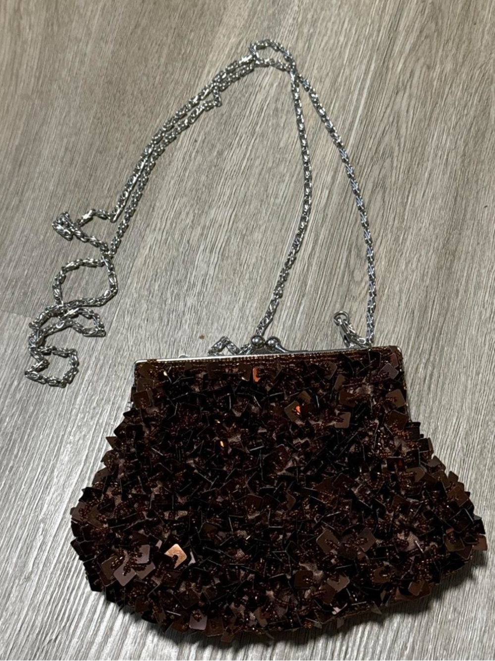 Bijoux Terner Brown Sequin Evening Clutch with Silver Chain